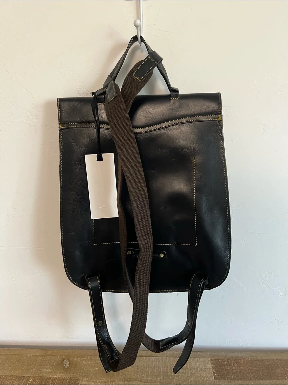 Classic Black Leather Travel Backpack with Brass Buckle Womens